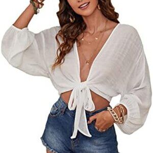 NEW Semi-Sheer Gauzey White Tie Front Layering Top
